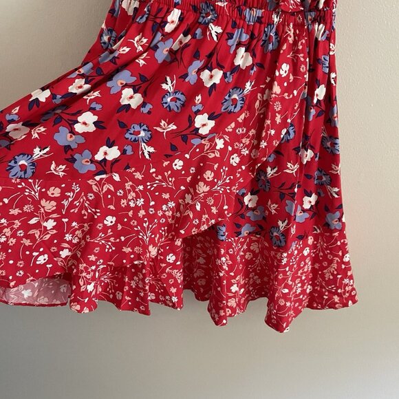Express Women Sz S Red Floral Faux Wrap Adj Spaghetti Strap Ruffled Sundress - Picture 5 of 11